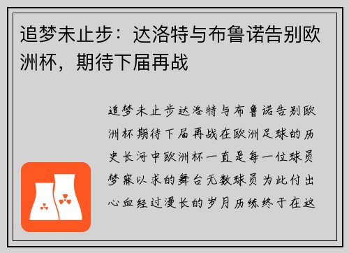 追梦未止步：达洛特与布鲁诺告别欧洲杯，期待下届再战