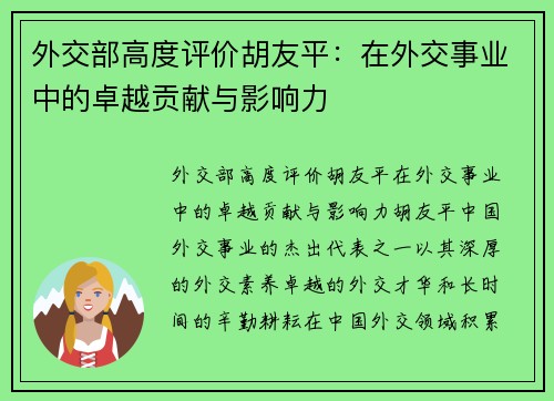 外交部高度评价胡友平：在外交事业中的卓越贡献与影响力