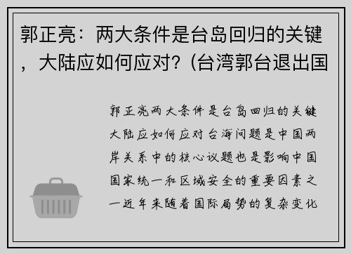 郭正亮：两大条件是台岛回归的关键，大陆应如何应对？(台湾郭台退出国民党)