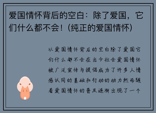 爱国情怀背后的空白：除了爱国，它们什么都不会！(纯正的爱国情怀)