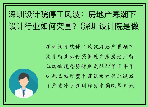 深圳设计院停工风波：房地产寒潮下设计行业如何突围？(深圳设计院是做什么的)