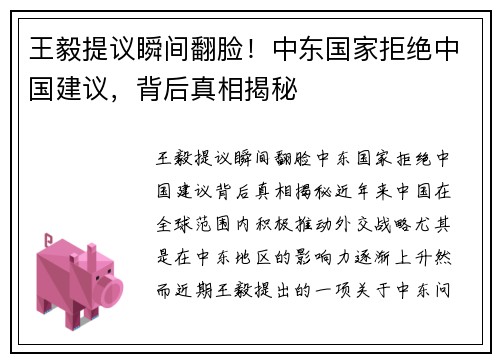 王毅提议瞬间翻脸！中东国家拒绝中国建议，背后真相揭秘