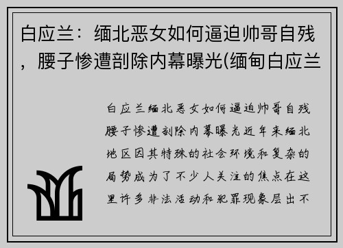 白应兰：缅北恶女如何逼迫帅哥自残，腰子惨遭剖除内幕曝光(缅甸白应兰)