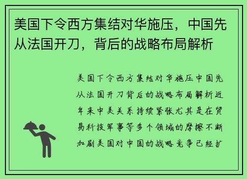 美国下令西方集结对华施压，中国先从法国开刀，背后的战略布局解析