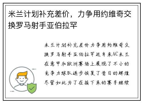 米兰计划补充差价，力争用约维奇交换罗马射手亚伯拉罕