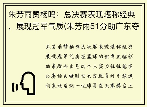 朱芳雨赞杨鸣：总决赛表现堪称经典，展现冠军气质(朱芳雨51分助广东夺冠)