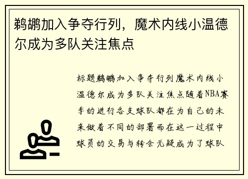 鹈鹕加入争夺行列，魔术内线小温德尔成为多队关注焦点